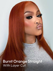 Straight Burnt Orange Wig Layered Human Hair Middle Part 5x5 Lace Wigs Layer Cut