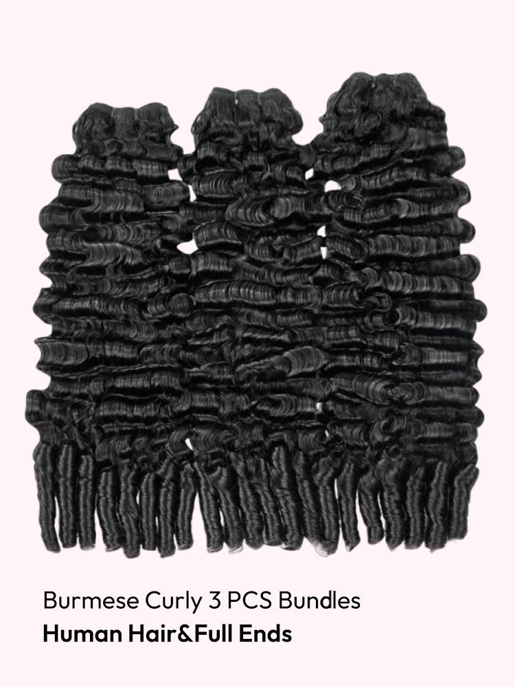 3PCS Burmese Curly 100% Human Hair Bundles Brazilian Virgin Hair Natural Black Soft & Bouncy Curly