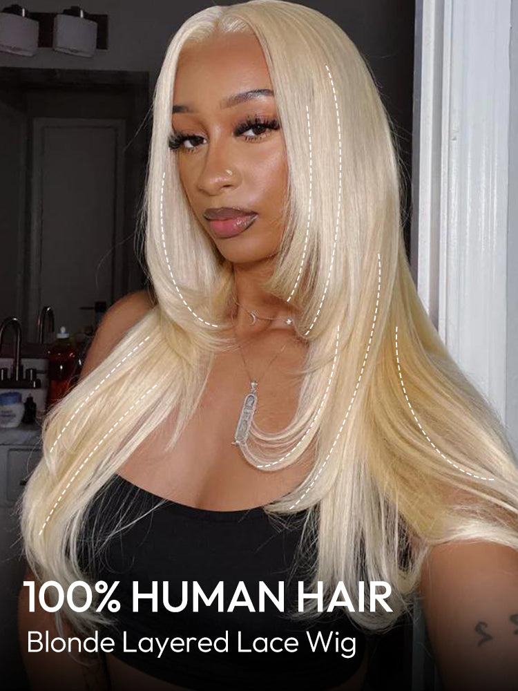 Blonde Layered Hair Wig Straight Natural 613 Blonde Lace Front Wig With Layers