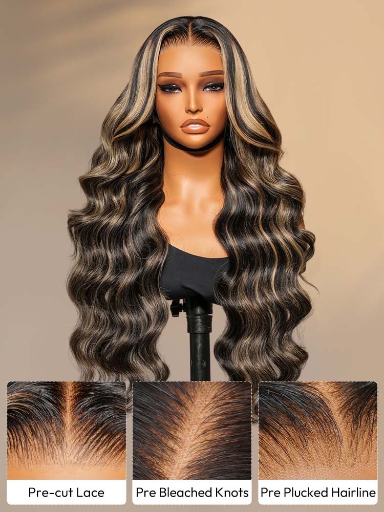 Glueless Black With Honey Blonde Highlights Body Wave Piano Colored 13*6 Lace Front Wigs