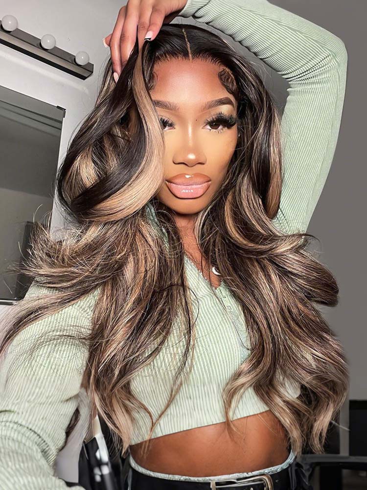 Glueless Black With Honey Blonde Highlights Body Wave Piano Colored 13*6 Lace Front Wigs