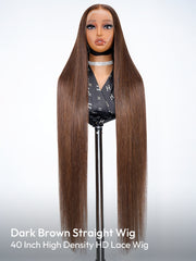 40 Inch Dark Brown Straight Long Wig 300% Density No Glue Need 13x6 HD Lace Human Hair Wig
