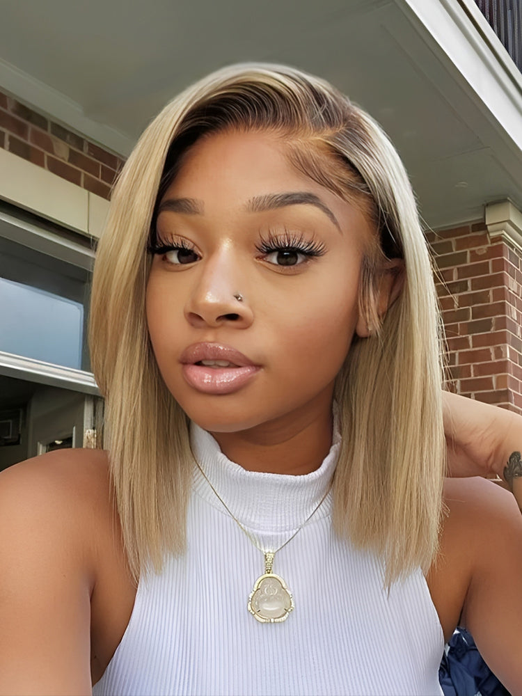 Caroline - Blonde Bob Wig With Brown Roots Blonde Ombre Bob Lace Front Wigs
