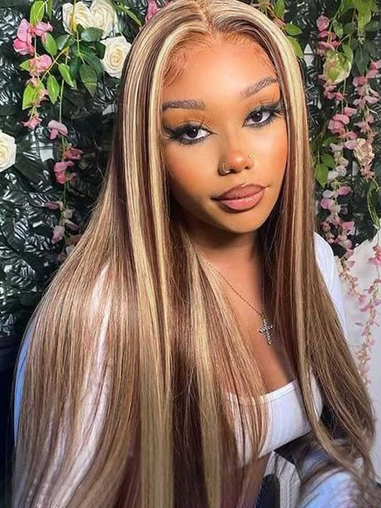 Blonde Highlight Wig Body Wave Dark Brown Wig With Blonde Highlights