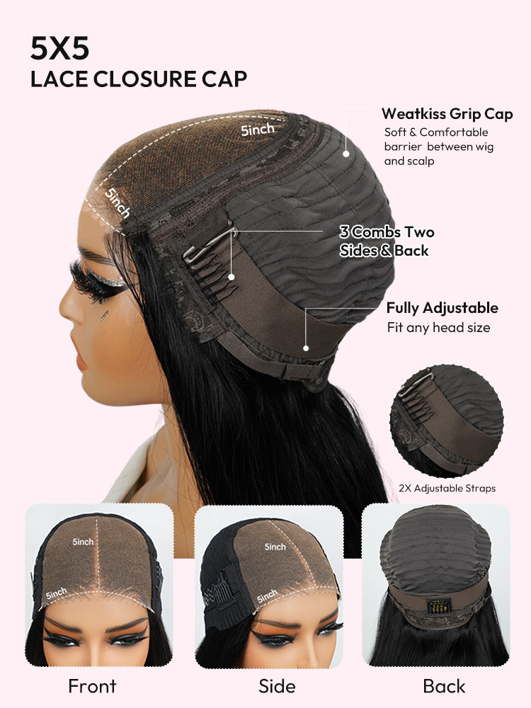 Rose Pink Wig Ready To Go Natural Light Pink Straight Hair Glueless 5*5 Lace Wigs