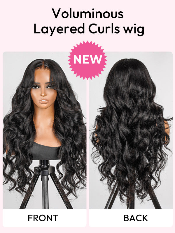 Glueless Layered Cut Ocean Wave with Curtain Bangs Ready to Go Wig
