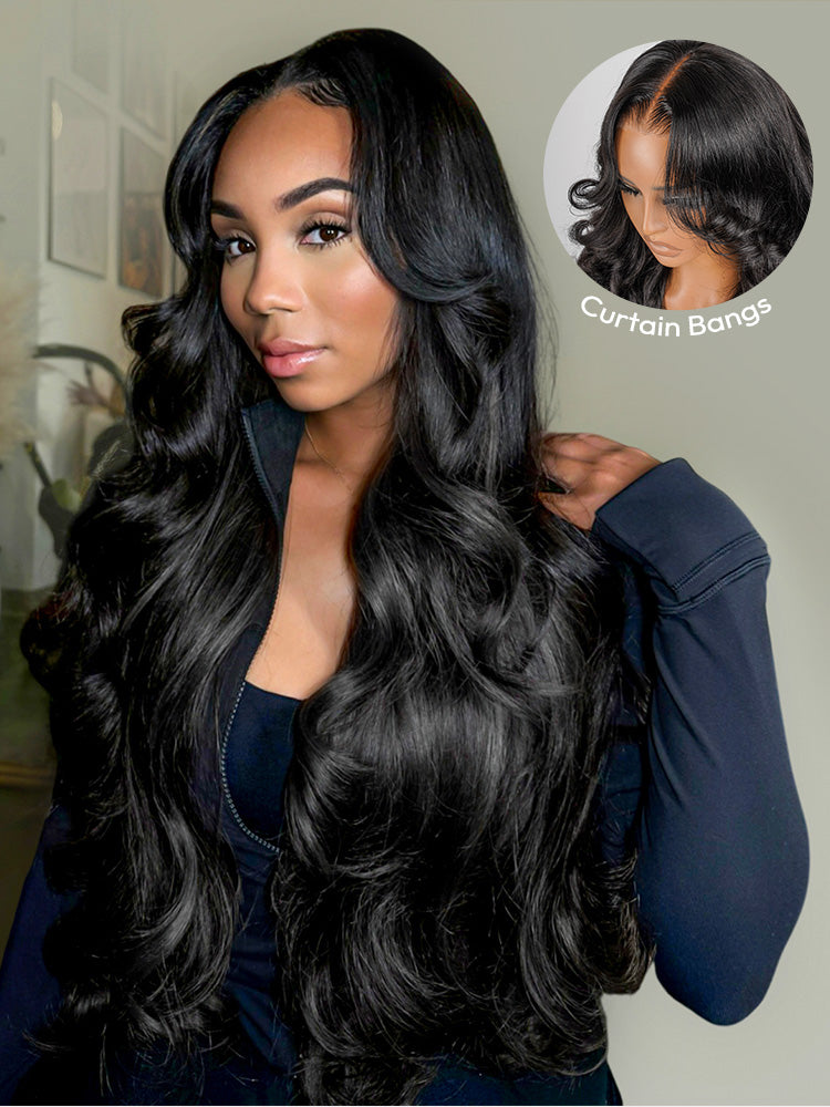 Glueless Layered Cut Ocean Wave with Curtain Bangs Ready to Go Wig