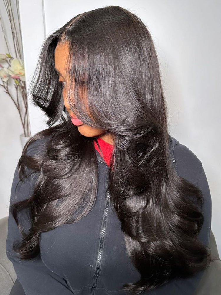 Glueless Layered Cut Ocean Wave with Curtain Bangs Ready to Go Wig