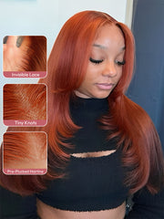 Straight Burnt Orange Wig Layered Human Hair Middle Part 5x5 Lace Wigs Layer Cut