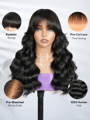 Body Wave Human Hair Wigs With Bangs 5*5 Ready to Go Pre-Cut Lace Closure 180% Density Wigs For Women