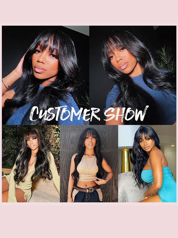 Body Wave Human Hair Wigs With Bangs 5*5 Ready to Go Pre-Cut Lace Closure 180% Density Wigs For Women