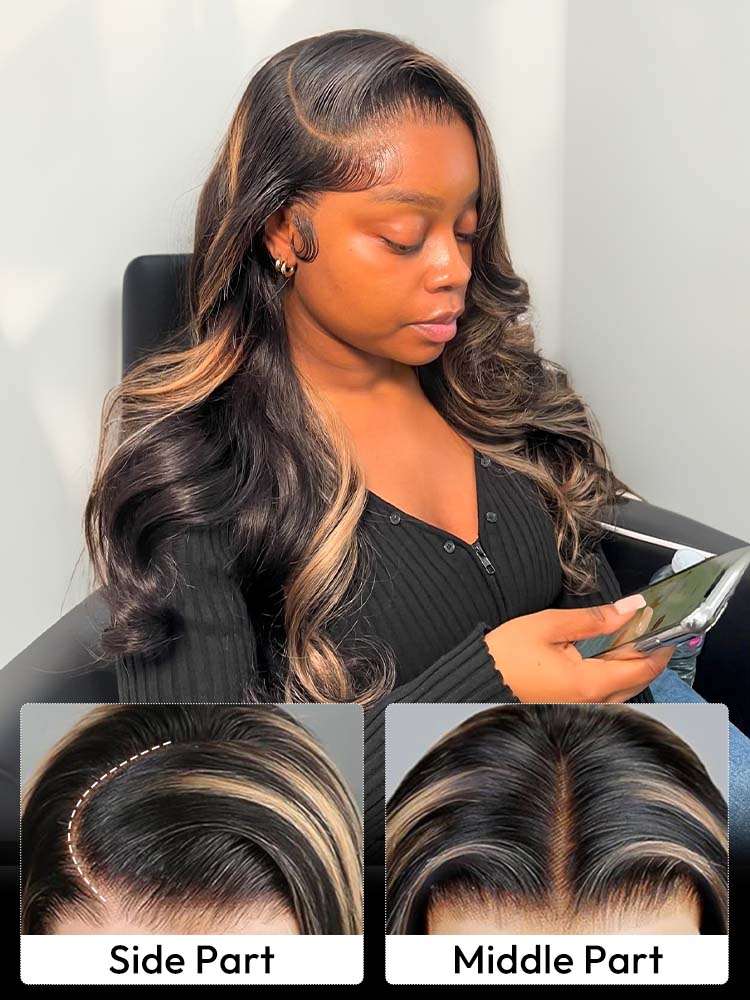 Glueless Black With Honey Blonde Highlights Body Wave Piano Colored 13*6 Lace Front Wigs