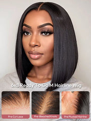 Natural Black Bob Straight Wig With M Hairline 6x8 Pre-cut Lace Wig With Elastic Drawstring 150% Density Hair