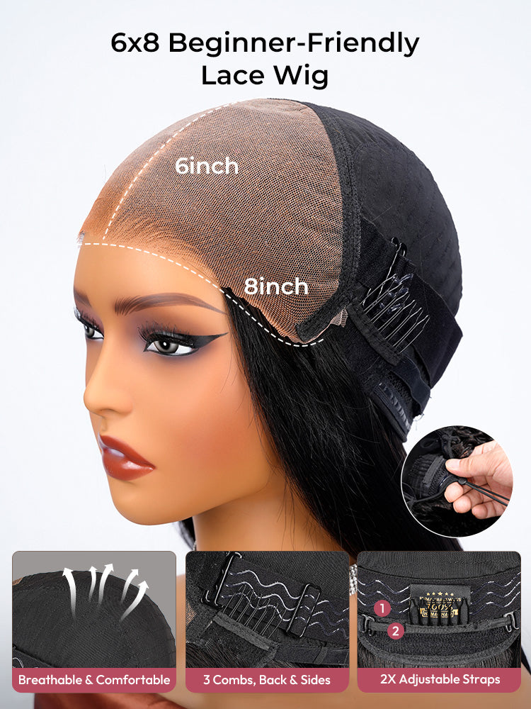 Natural Black Straight Wig With M Hairline 6x8 Ready To Go Wig 150% Density Hair