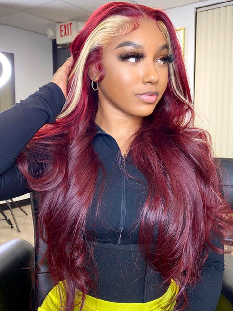 Burgundy & Blonde Skunk Stripe Lace Front Wig Transparent Human Hair Wig