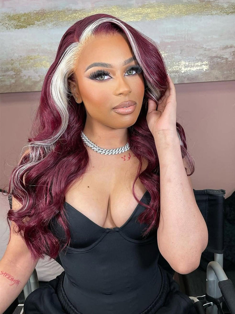 Burgundy & Blonde Skunk Stripe Lace Front Wig Transparent Human Hair Wig