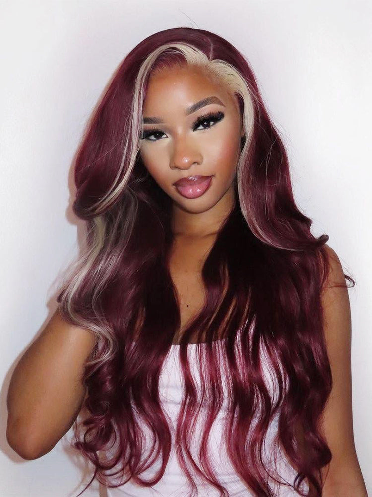 Burgundy & Blonde Skunk Stripe Lace Front Wig Transparent Human Hair Wig