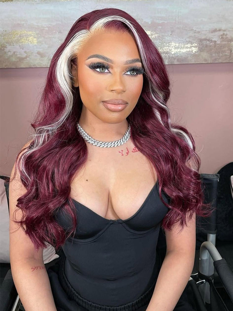Burgundy & Blonde Skunk Stripe Lace Front Wig Transparent Human Hair Wig