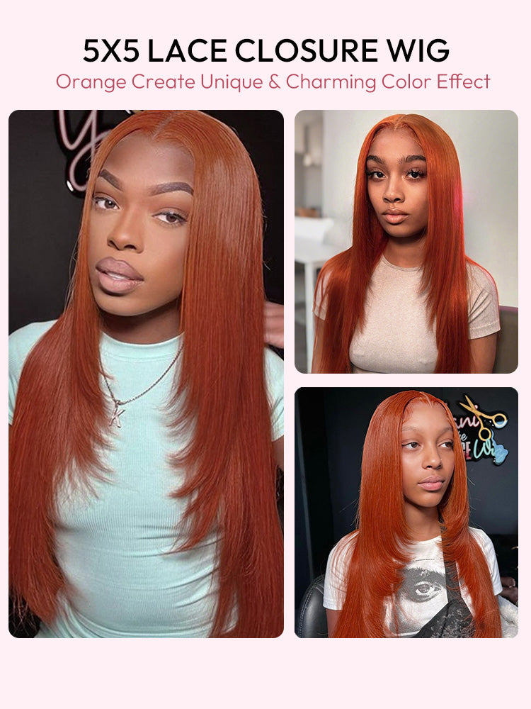 Straight Burnt Orange Wig Layered Human Hair Middle Part 5x5 Lace Wigs Layer Cut