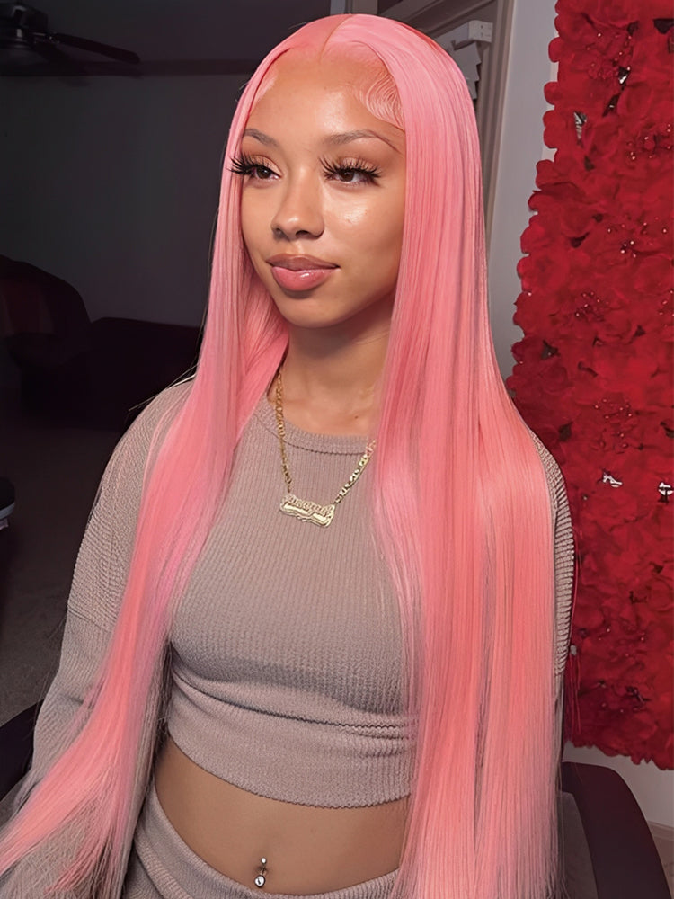 Rose Pink Wig Ready To Go Natural Light Pink Straight Hair Glueless 5*5 Lace Wigs