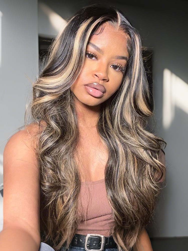Glueless Black With Honey Blonde Highlights Body Wave Piano Colored 13*6 Lace Front Wigs