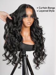 Glueless Layered Cut Ocean Wave with Curtain Bangs Ready to Go Wig