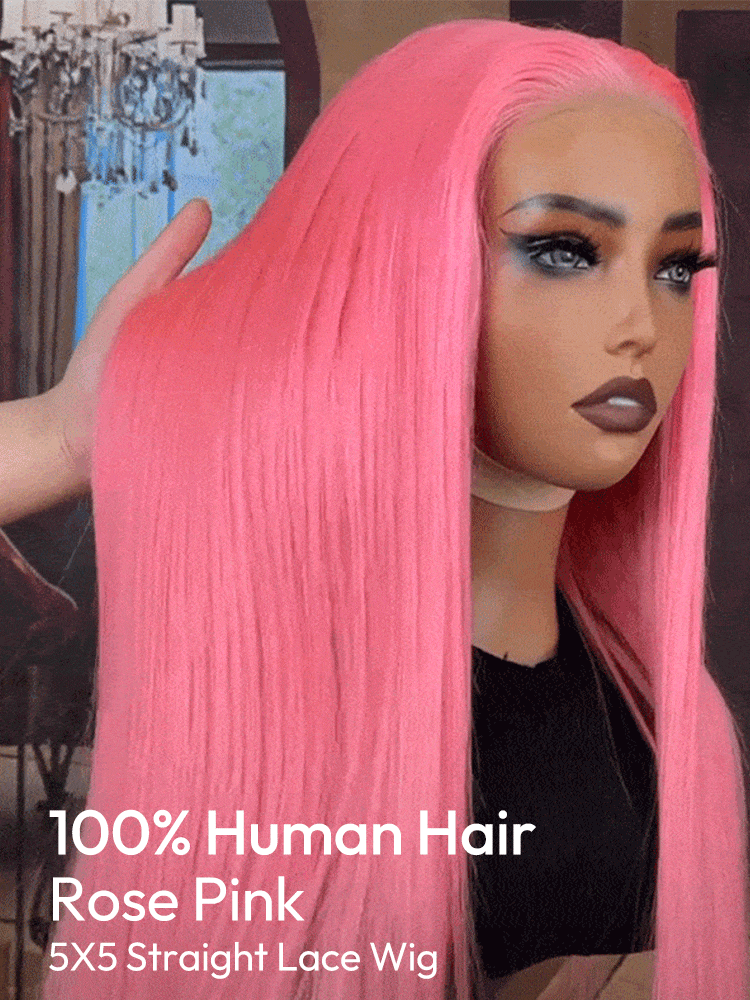 Rose Pink Wig Ready To Go Natural Light Pink Straight Hair Glueless 5*5 Lace Wigs