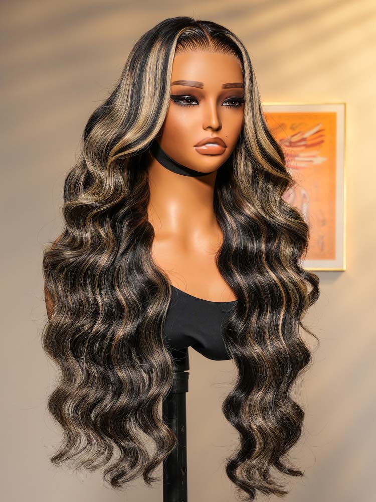 Glueless Black With Honey Blonde Highlights Body Wave Piano Colored 13*6 Lace Front Wigs