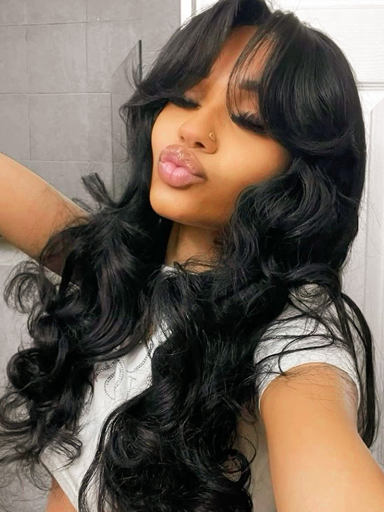 Glueless Layered Cut Ocean Wave with Curtain Bangs Ready to Go Wig