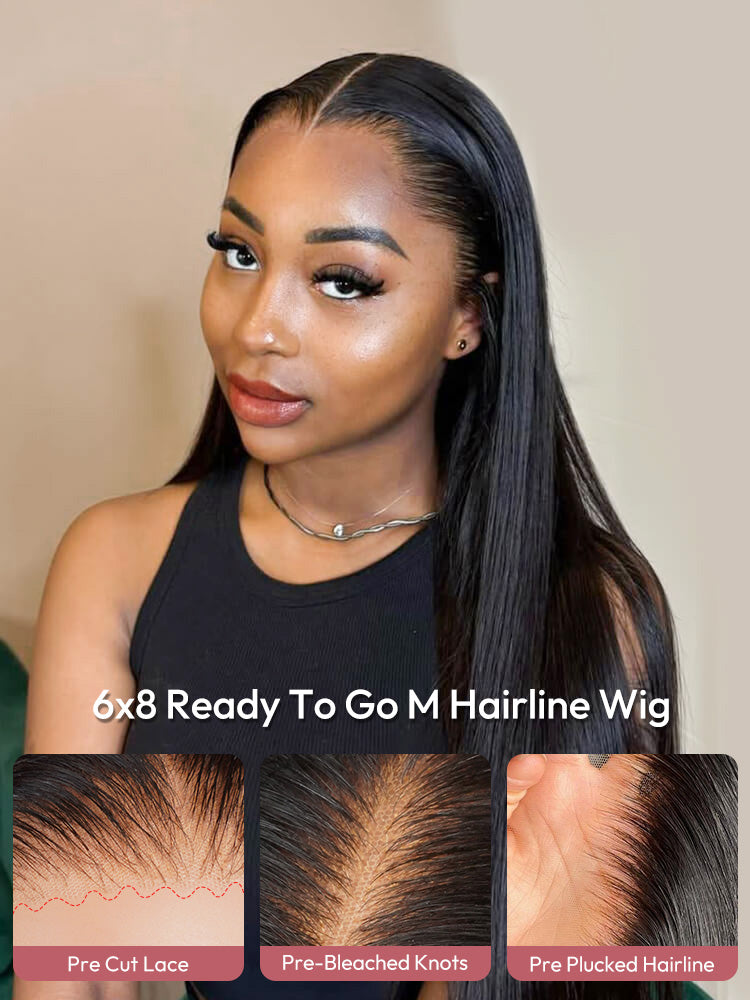 Natural Black Straight Wig With M Hairline 6x8 Ready To Go Wig 150% Density Hair