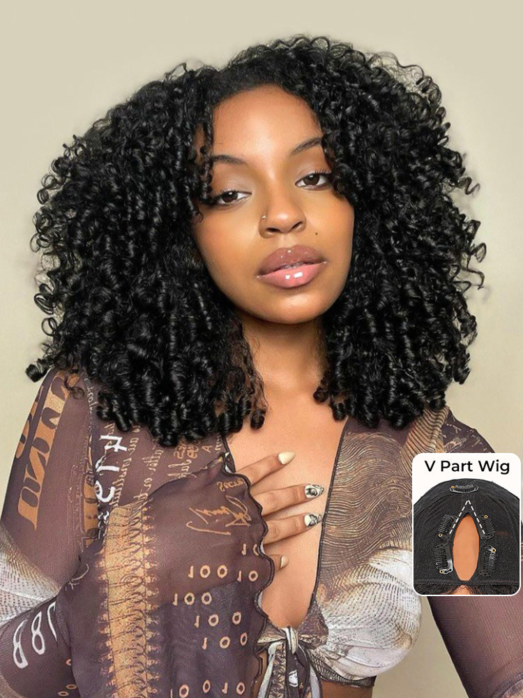 Burmese Curly V Part Wig With Full Spiral Voluminous Human Hair Beginner Friendly Wig