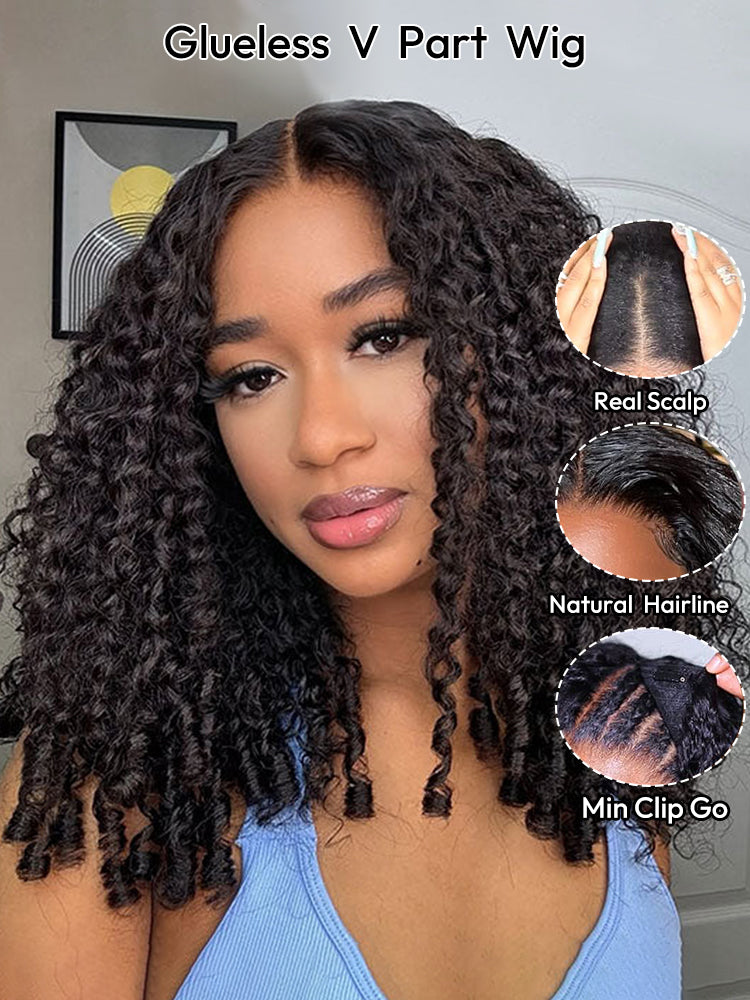Burmese Curly V Part Wig With Full Spiral Voluminous Human Hair Beginner Friendly Wig