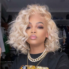 613 Bob Wig Short Wavy Blonde Bob Wigs Human Hair 14Inch