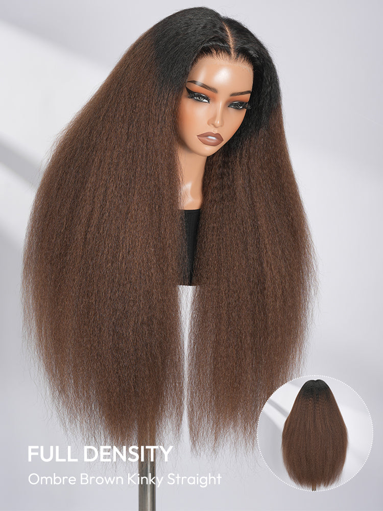 250% Density Brown Ombre Yaki Straight Wig 13×6 HD Lace Front Wig With Elastic Drawstring