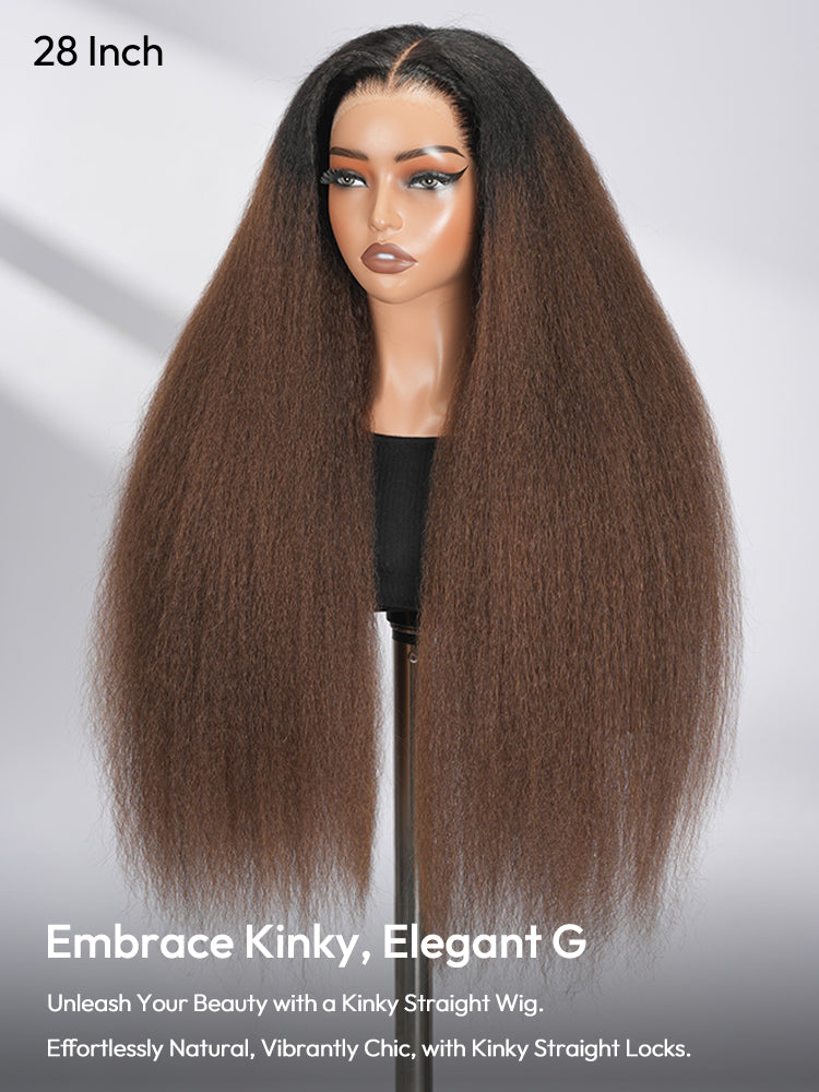 250% Density Brown Ombre Yaki Straight Wig 13×6 HD Lace Front Wig With Elastic Drawstring