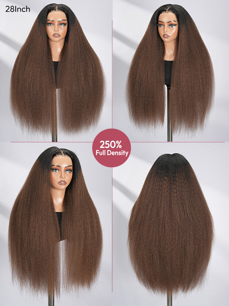 250% Density Brown Ombre Yaki Straight Wig 13×6 HD Lace Front Wig With Elastic Drawstring